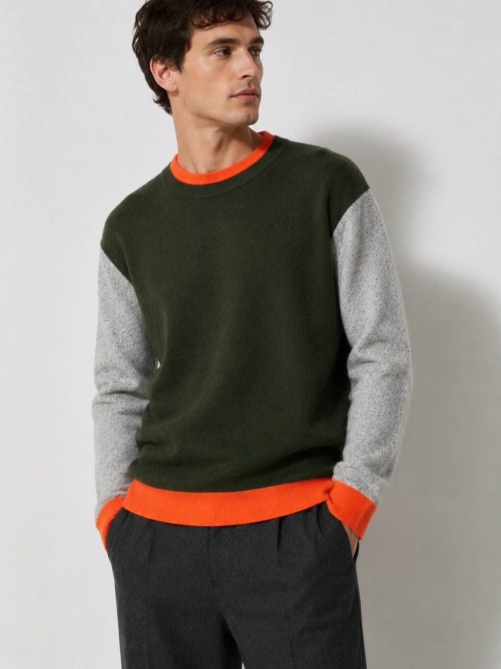 COS Wool Colorblock Sweater Mens Green Gray Orange Crew Neck Size M